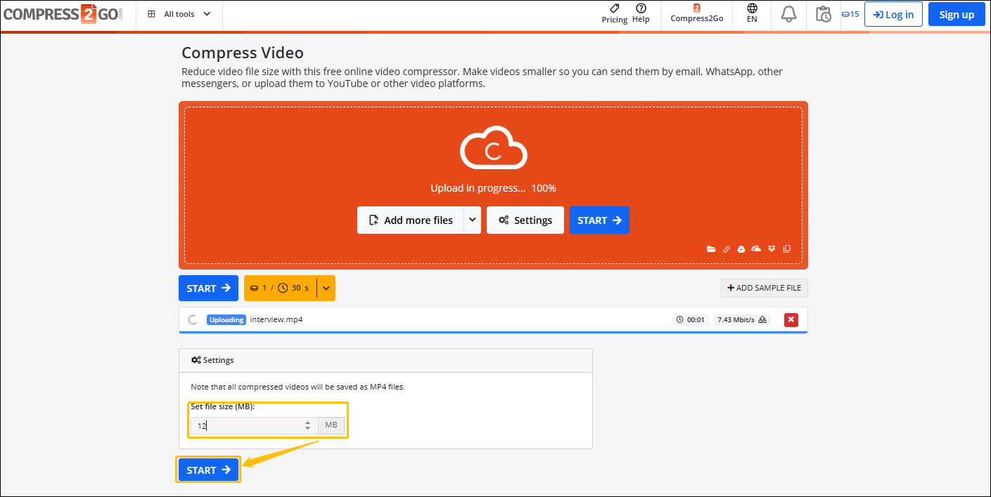 Online File Compressor interface with the Set file size (MB) option and the START button selected.