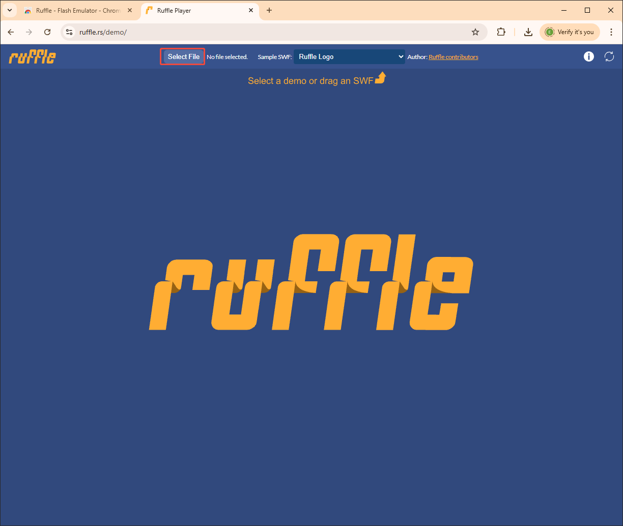 Ruffle Web Demo interface with the Select File option selected to import the SWF file.