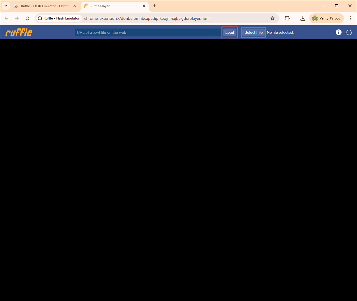 Ruffle emulator window with the Select File button or the Load button chosen to import the SWF files.