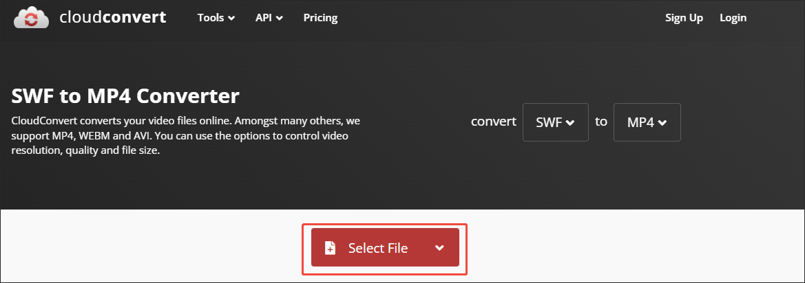CloudConvert interface with the Select File button chosen to upload the SWF files.