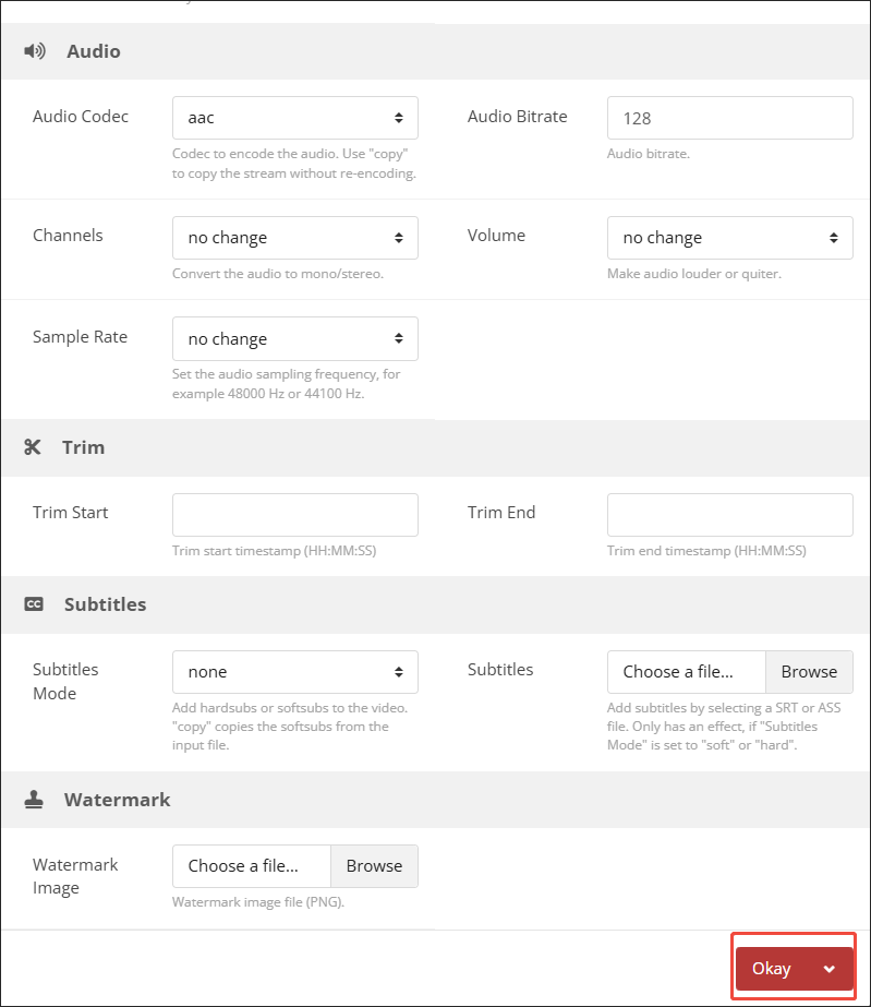 The Options window of CloudConvert that shows how to configure the conversion settings.