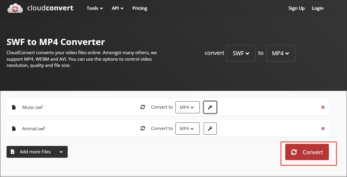 CloudConvert interface with the Convert button selected to begin the conversion process.