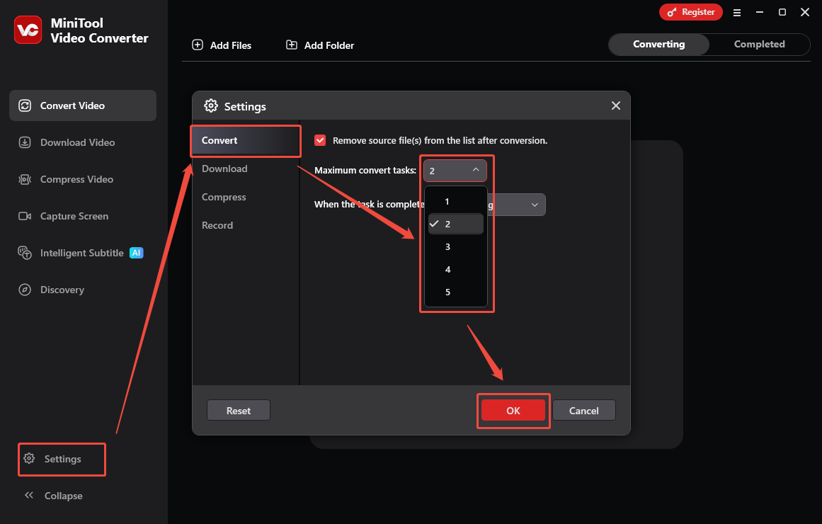 MiniTool Video Converter Settings window that shows how to customize the maximum conversion tasks.