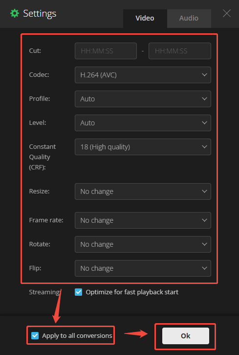 The Settings window of Convertio that shows how to specify the conversion settings.