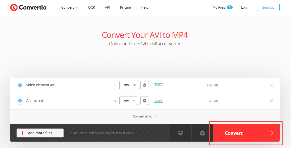 Convertio interface with the Convert button chosen to start the conversion process.