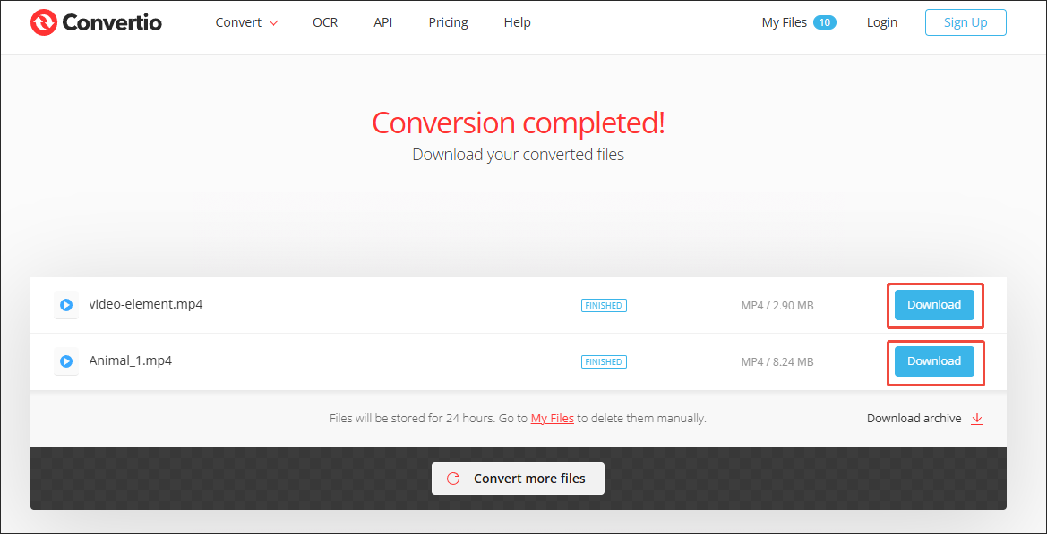 Convertio interface with the Download button selected to download and check the output files.