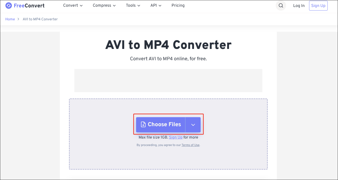 FreeConvert interface with the Choose Files option selected to import the AVI videos.