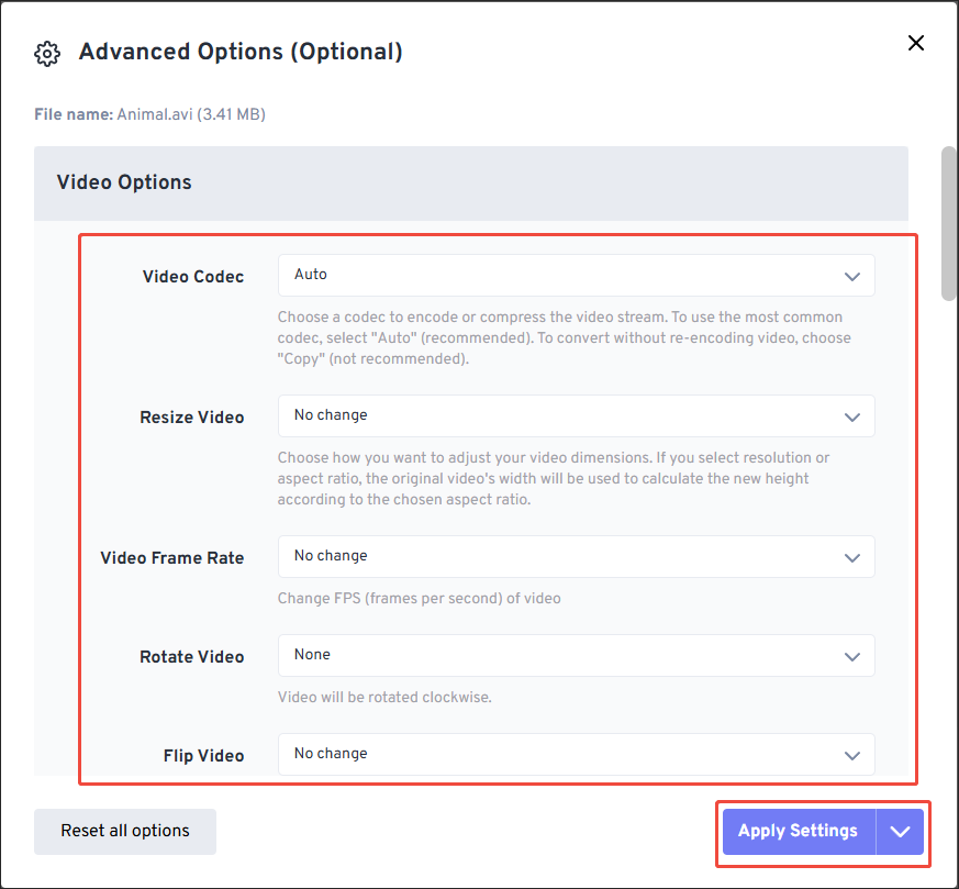 The Advanced Options window of FreeConvert that shows how to configure the conversion settings.