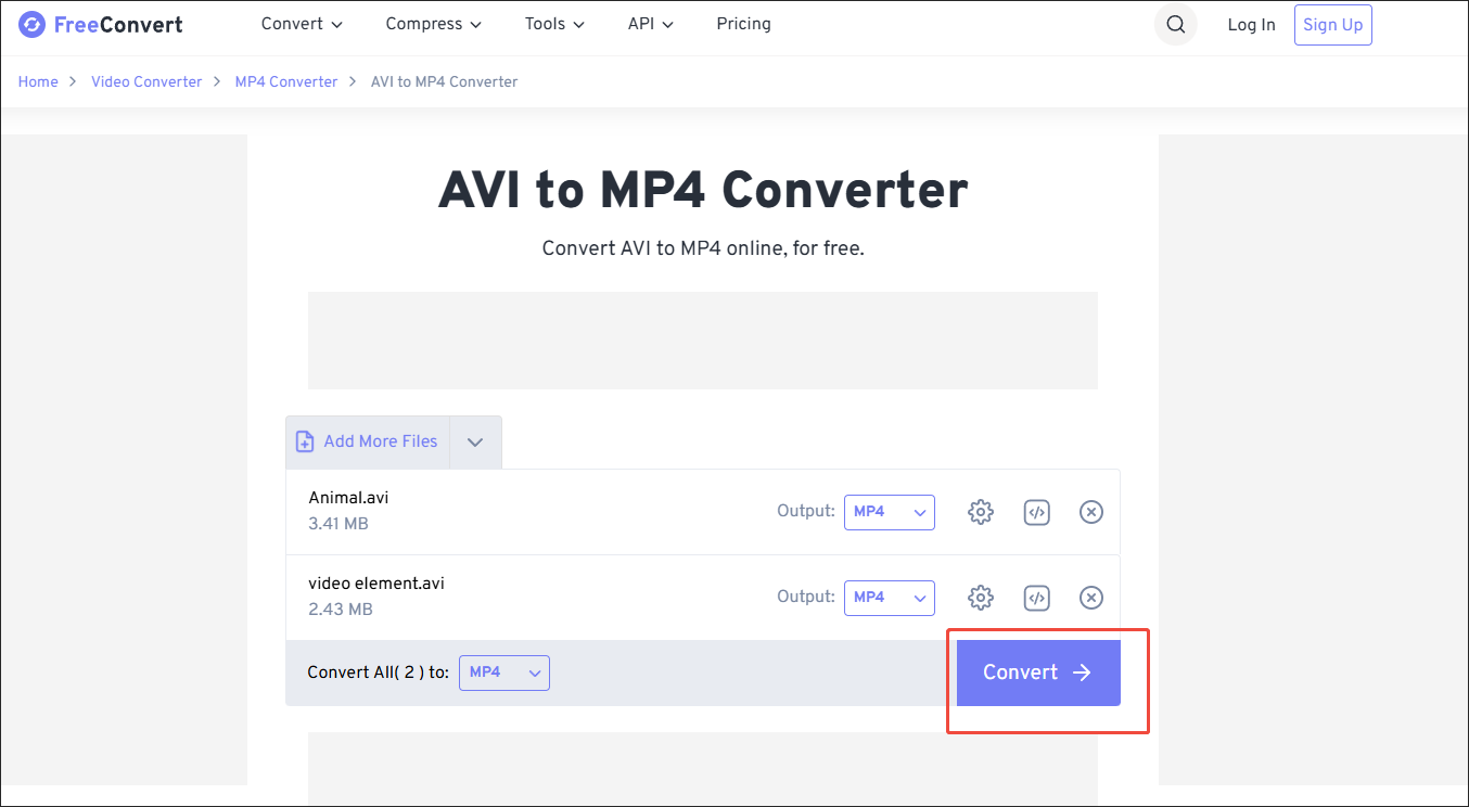 FreeConvert interface with the Convert button chosen to begin the conversion process.