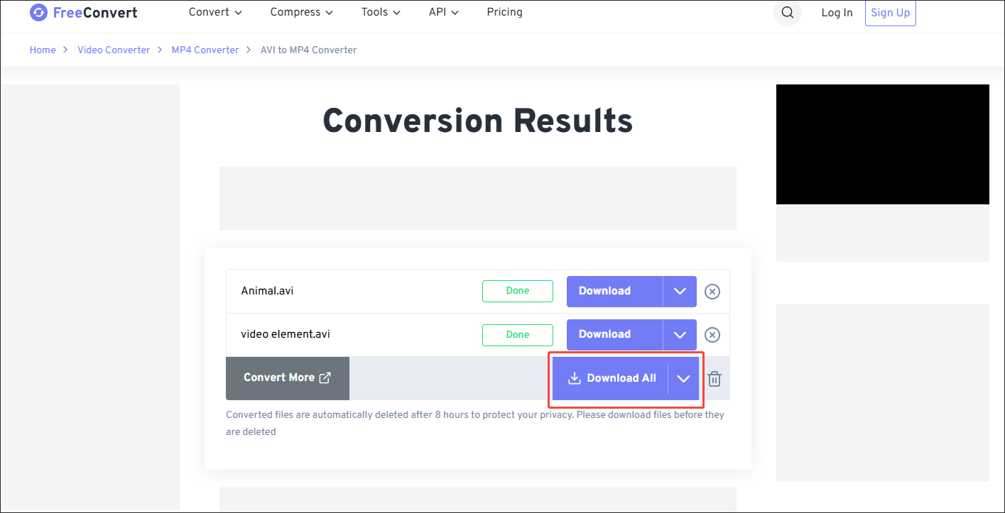 FreeConvert interface with the Download button selected to download and check the converted files.