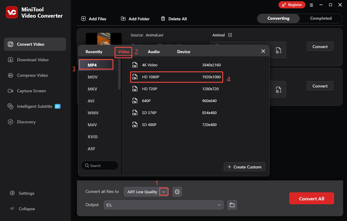 MiniTool Video Converter interface that shows how to set MP4 HD 1080P as the output format under the Convert Video module.