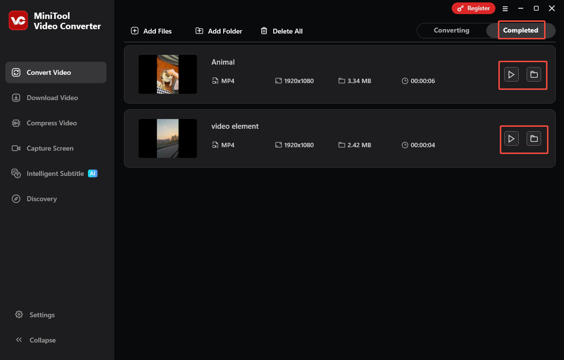 MiniTool Video Converter’s Convert Video interface with the Play icon and the Folder icon clicked under the Completed tab.