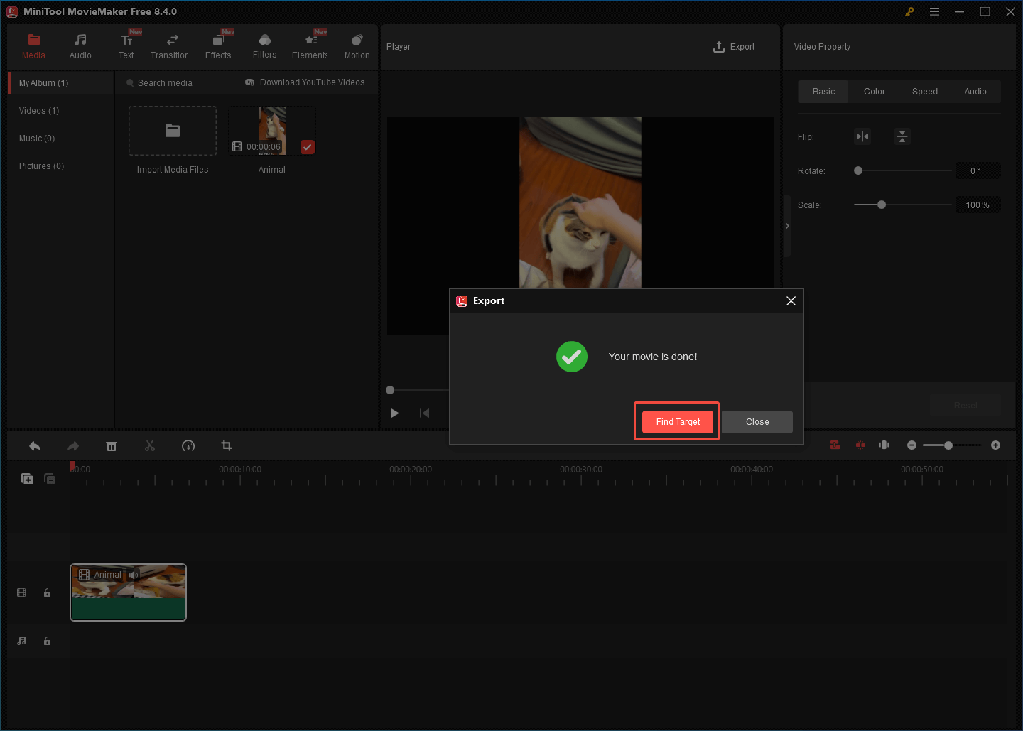 MiniTool MovieMaker interface with the Find Target button selected to locate the output video.