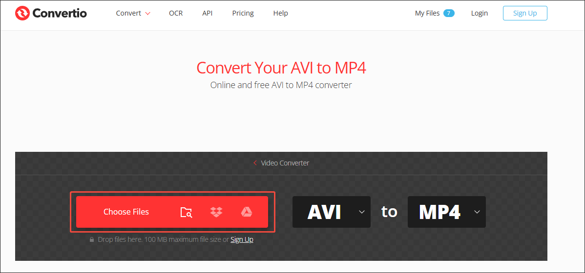 Convertio interface with the Choose Files option selected to import the AVI videos.
