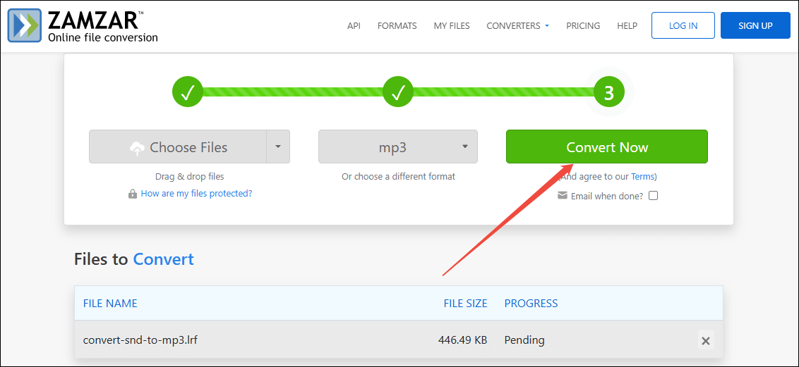 ZamzarでConvert Nowオプションをクリックする操作画面