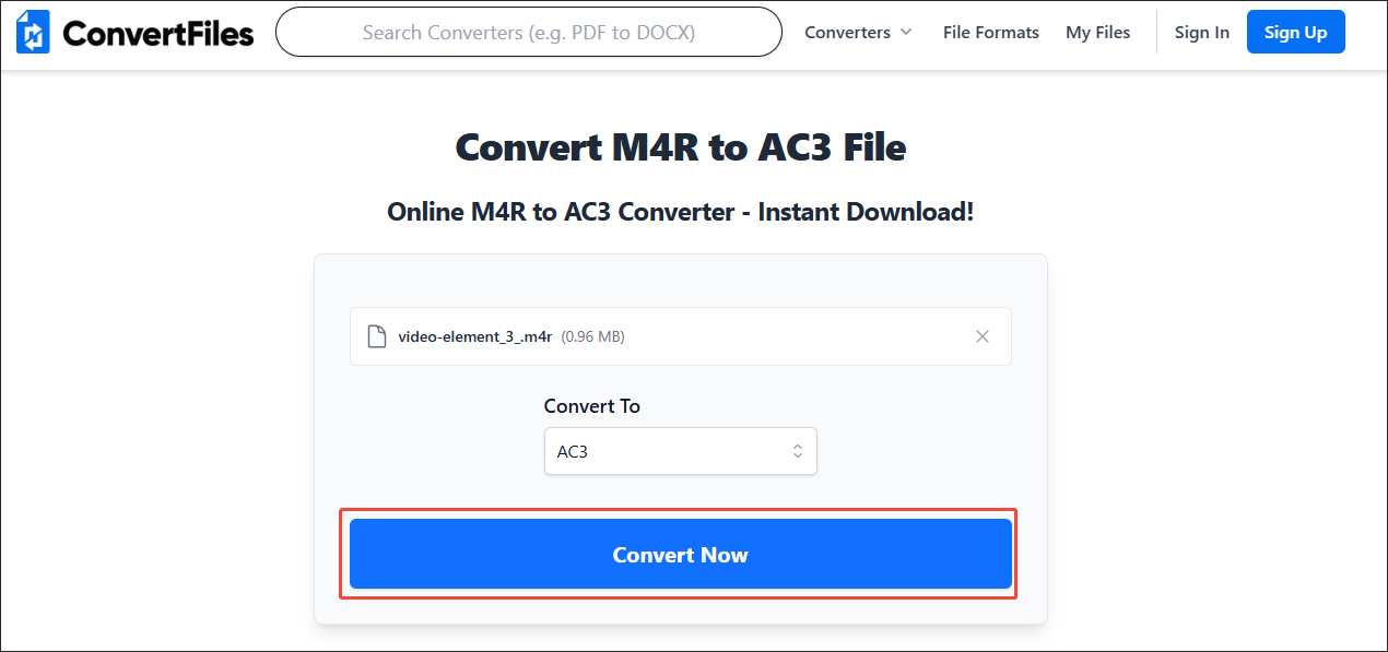 ConvertFiles interface with the Convert Now button clicked