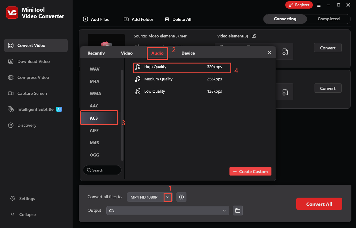 MiniTool Video Converter interface that shows how to set AC3 as the output format