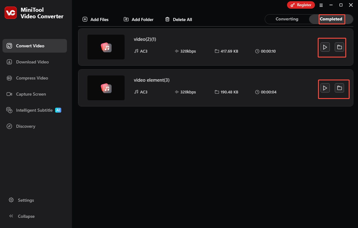 MiniTool Video Converter interface with the Play icon and the Folder icon clicked