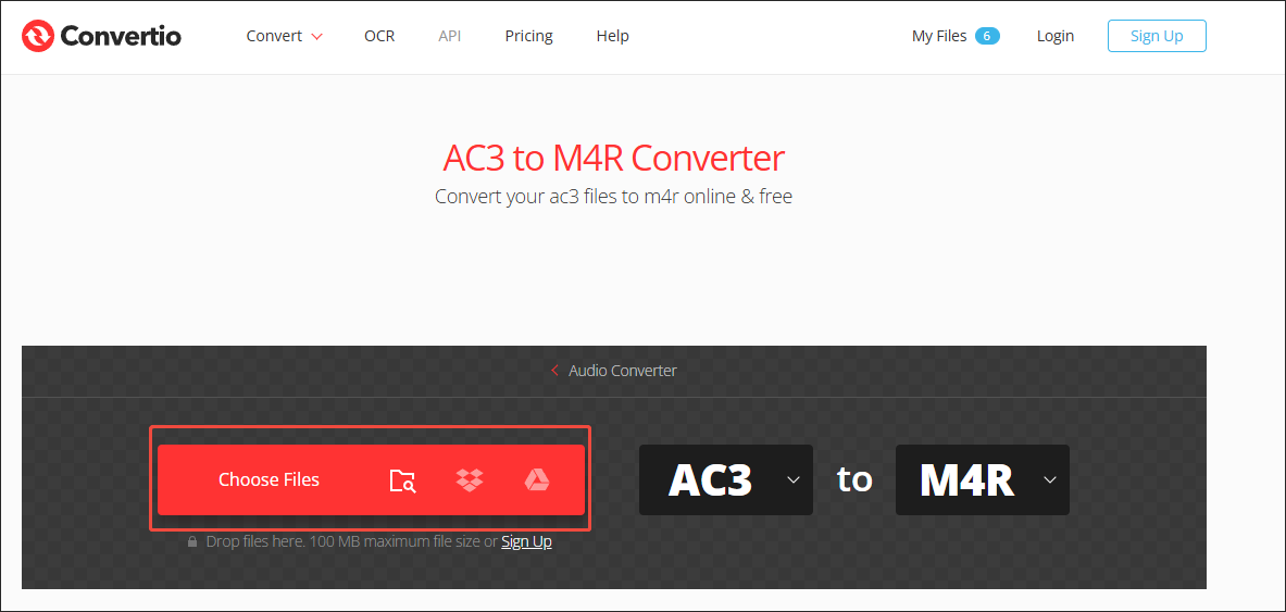 Convertio interface with the Choose Files option clicked