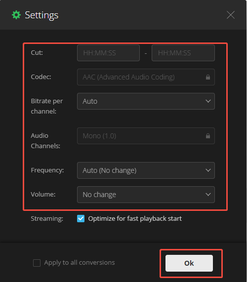Convertio Settings window that shows how to configure the conversion settings