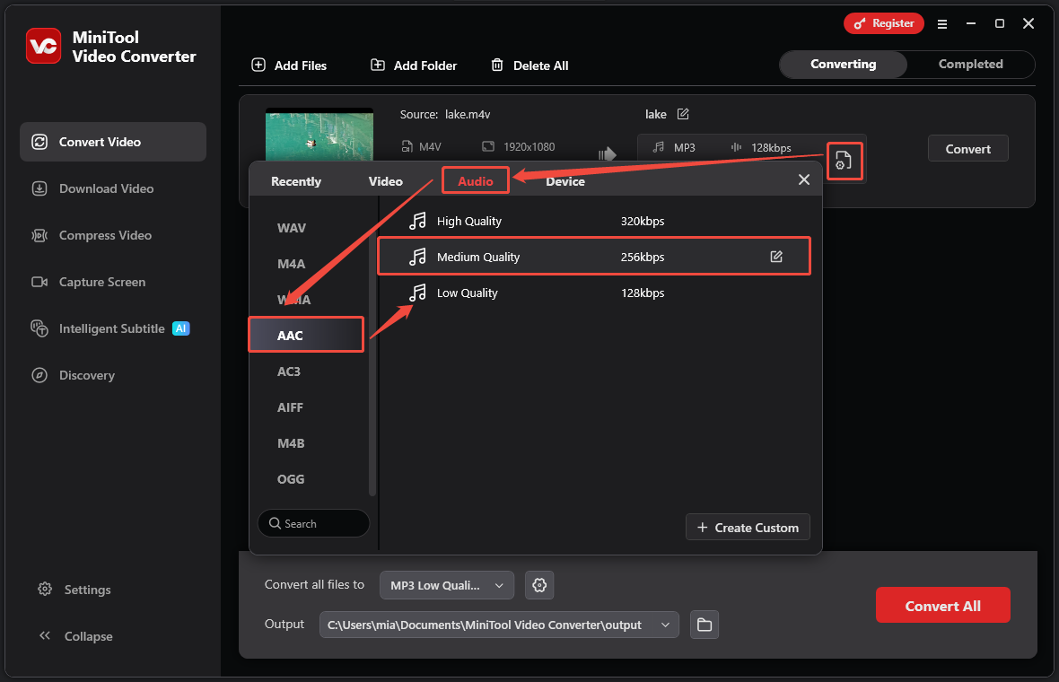 MiniTool Video Converter interface showing how to set up the output format.