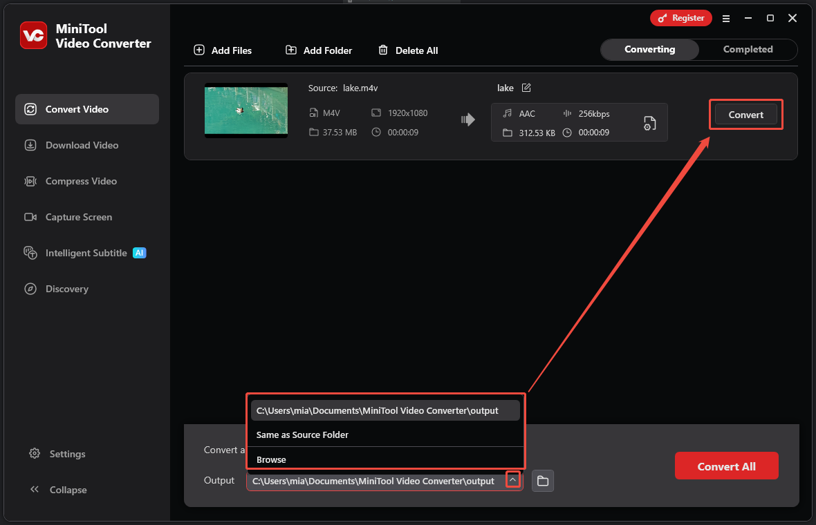 MiniTool Video Converter interface with the Output menu expanded and the Convert option highlighted.