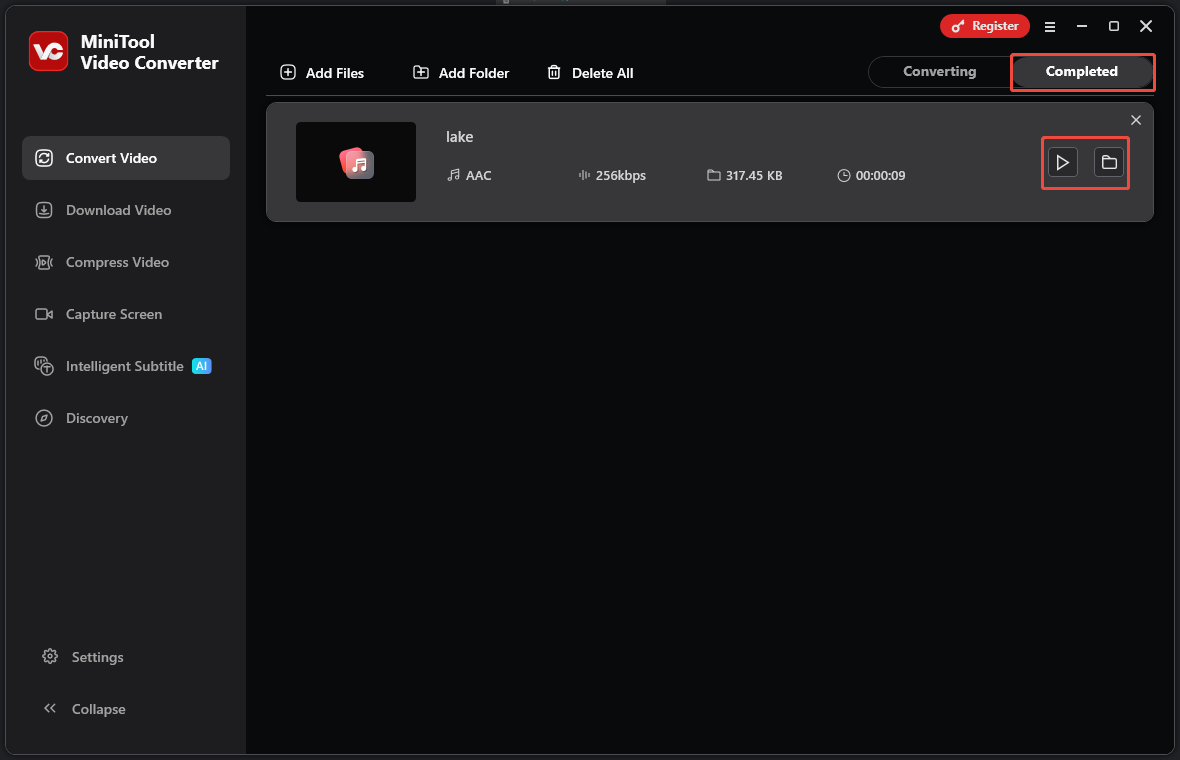 MiniTool Video Converter Convert Video screen showing the play icon and the folder icon on the converted task.