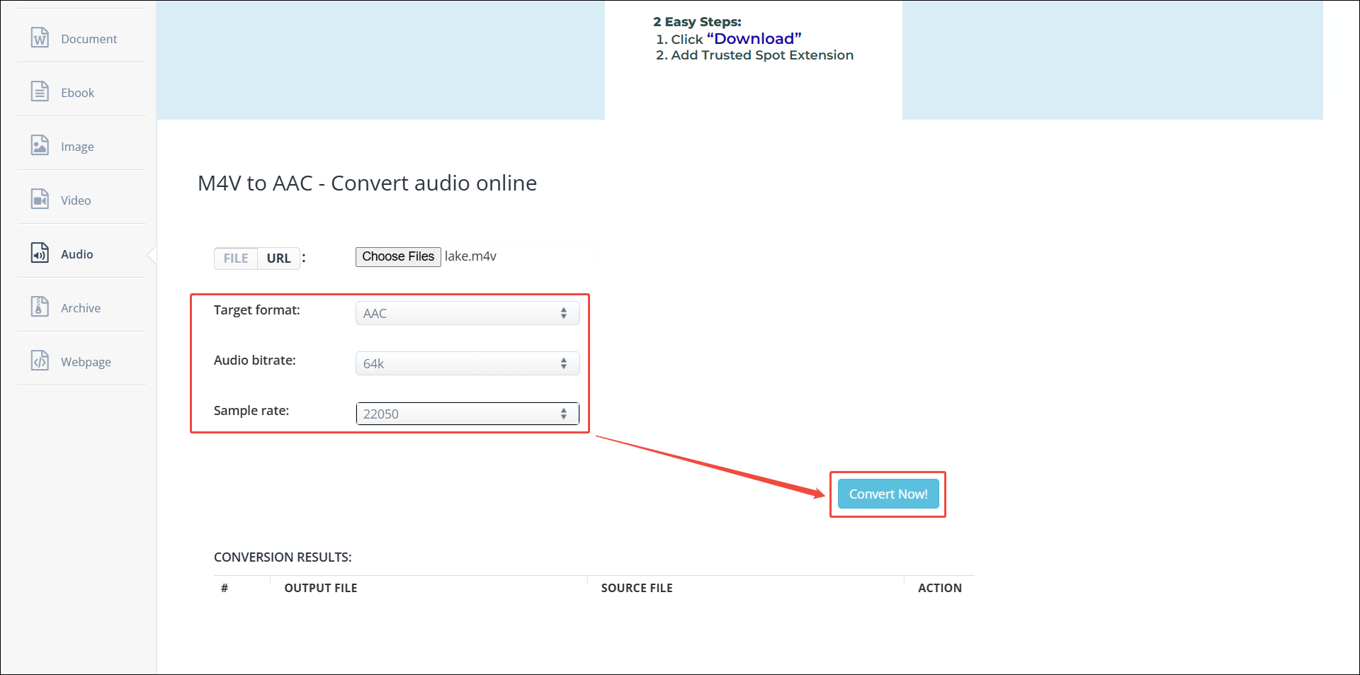 Aconvert webpage with the Target format, Audio bitrate, Sample rate, and Convert Now option highlighted.