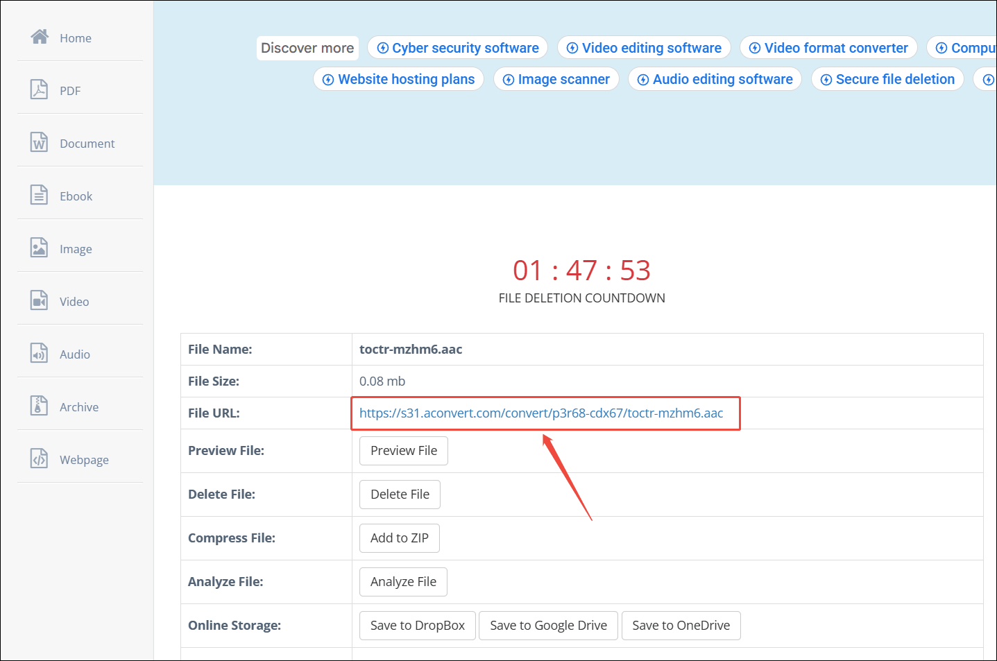 Aconvert file download page with the download link highlighted.