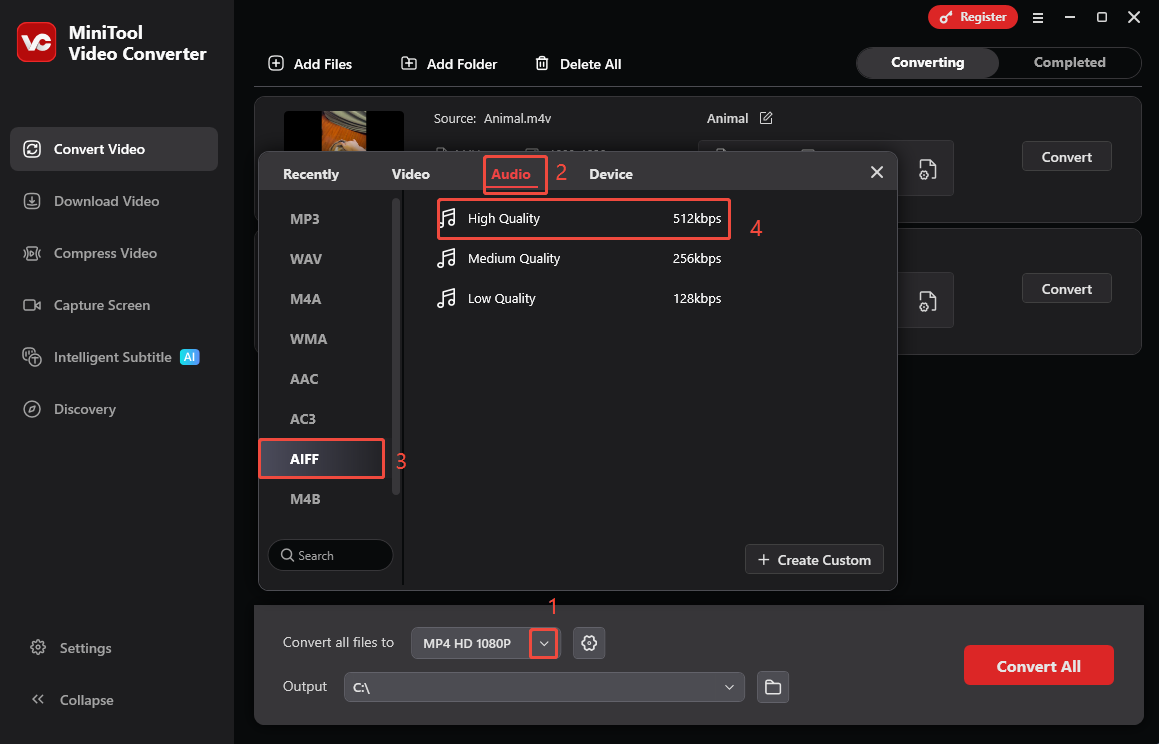 MiniTool Video Converter interface that shows how to set AIFF High Quality as the output format.