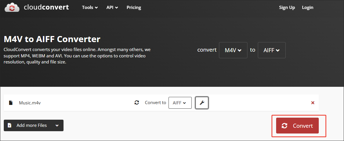 CloudConvert interface with the Convert button chosen.