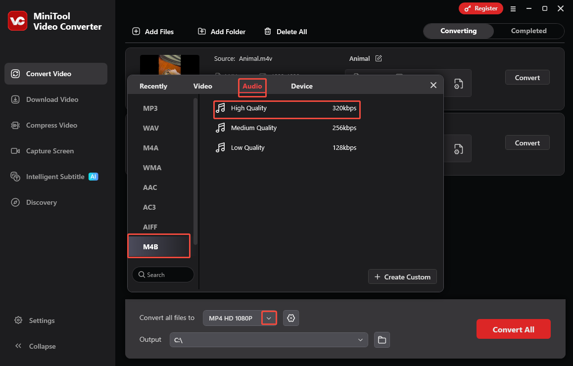 MiniTool Video Converter interface that shows how to set M4B as the output format.
