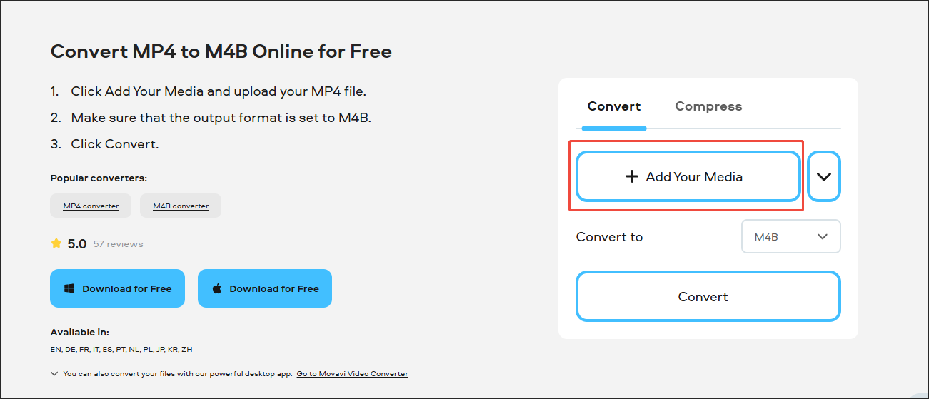 Movavi Video Converter interface with the Add Your Media option selected.