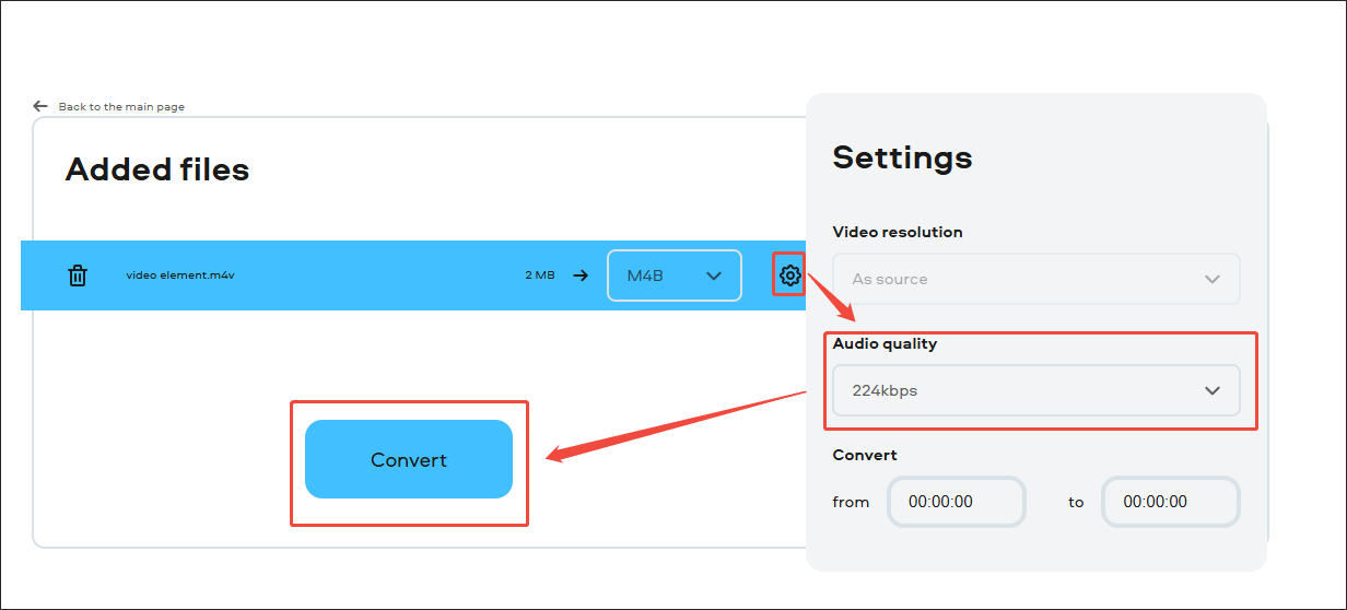 Movavi Video Converter interface that shows you how to customize the audio quality and start the conversion process.