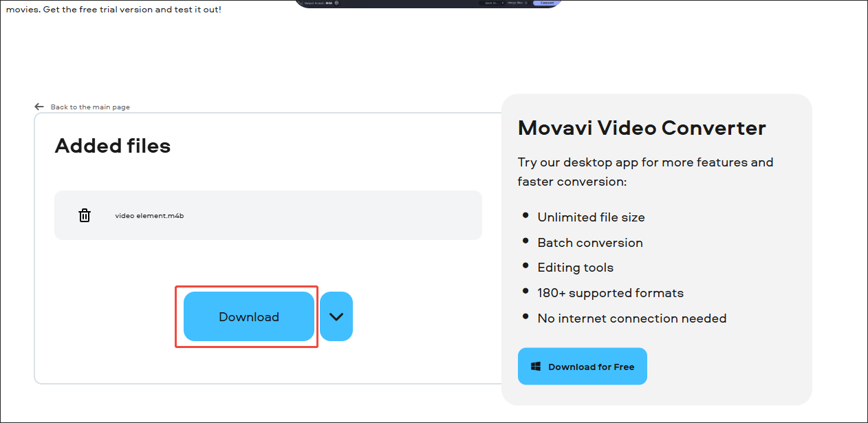 Movavi Video Converter interface with the Download button chosen.