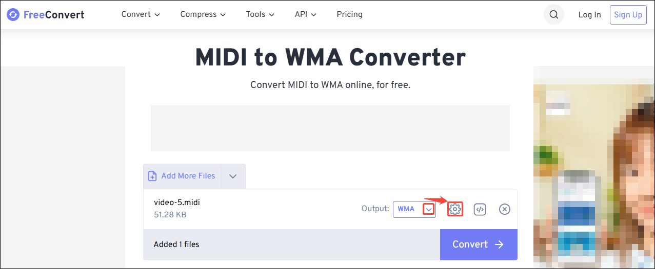 FreeConvert interface with the Output option and the Gear icon selected.