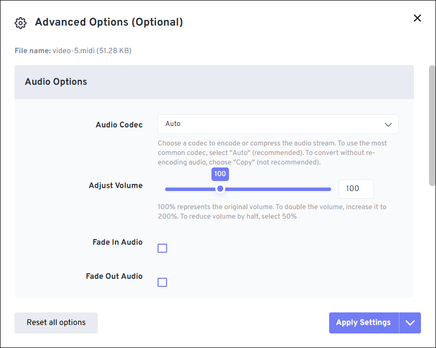 FreeConvert interface with the Advanced Options window.
