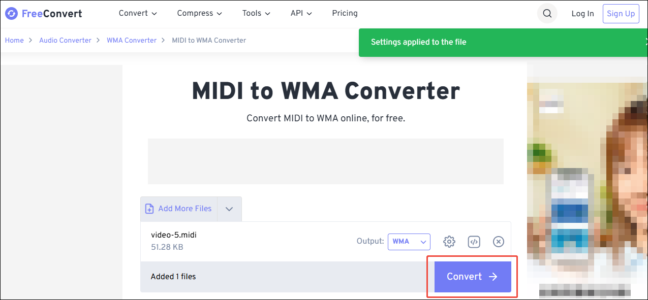 FreeConvert interface with the Convert button selected.