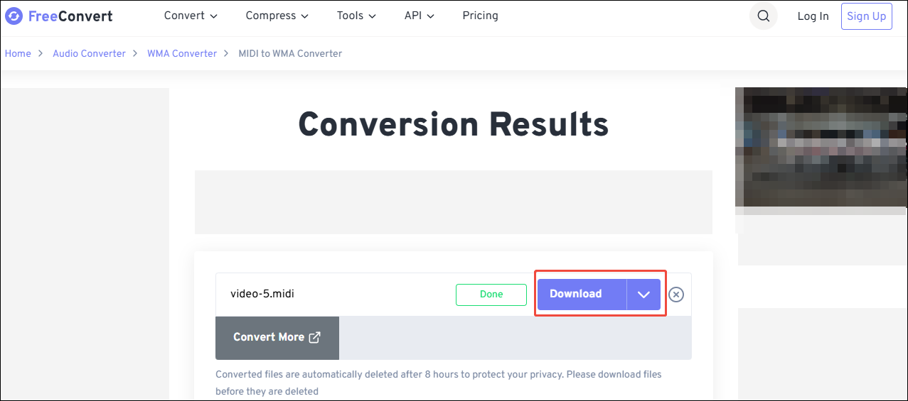 FreeConvert interface with the Download button selected.