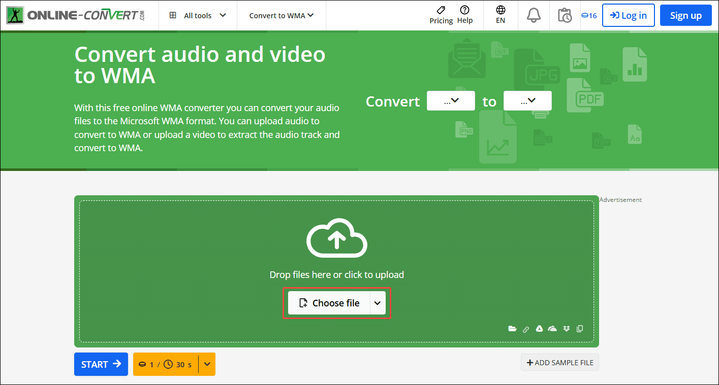 Online converter interface with the Choose file option selected.