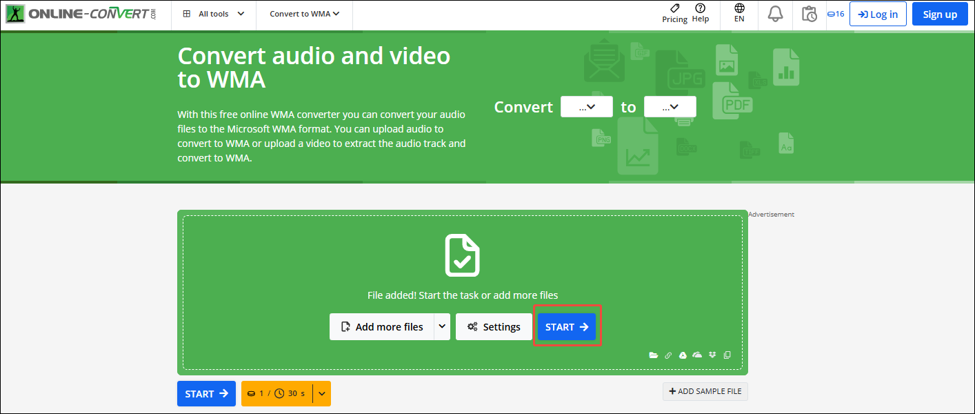 Online converter interface with the START button selected.