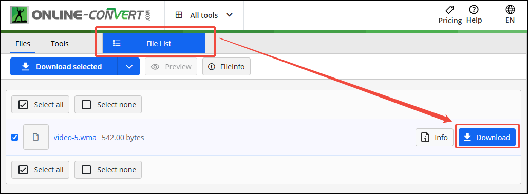 Online converter interface with the Download button selected under the File List tab.