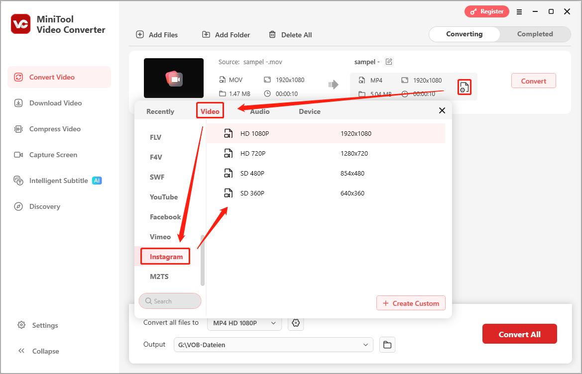 Markierung der Option Instagram im Ausgabeformatfenster.