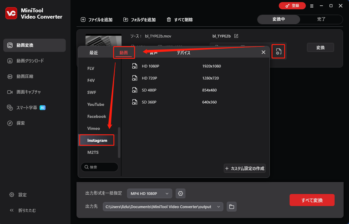 MiniTool Video ConverterでInstagramを選択している画面
