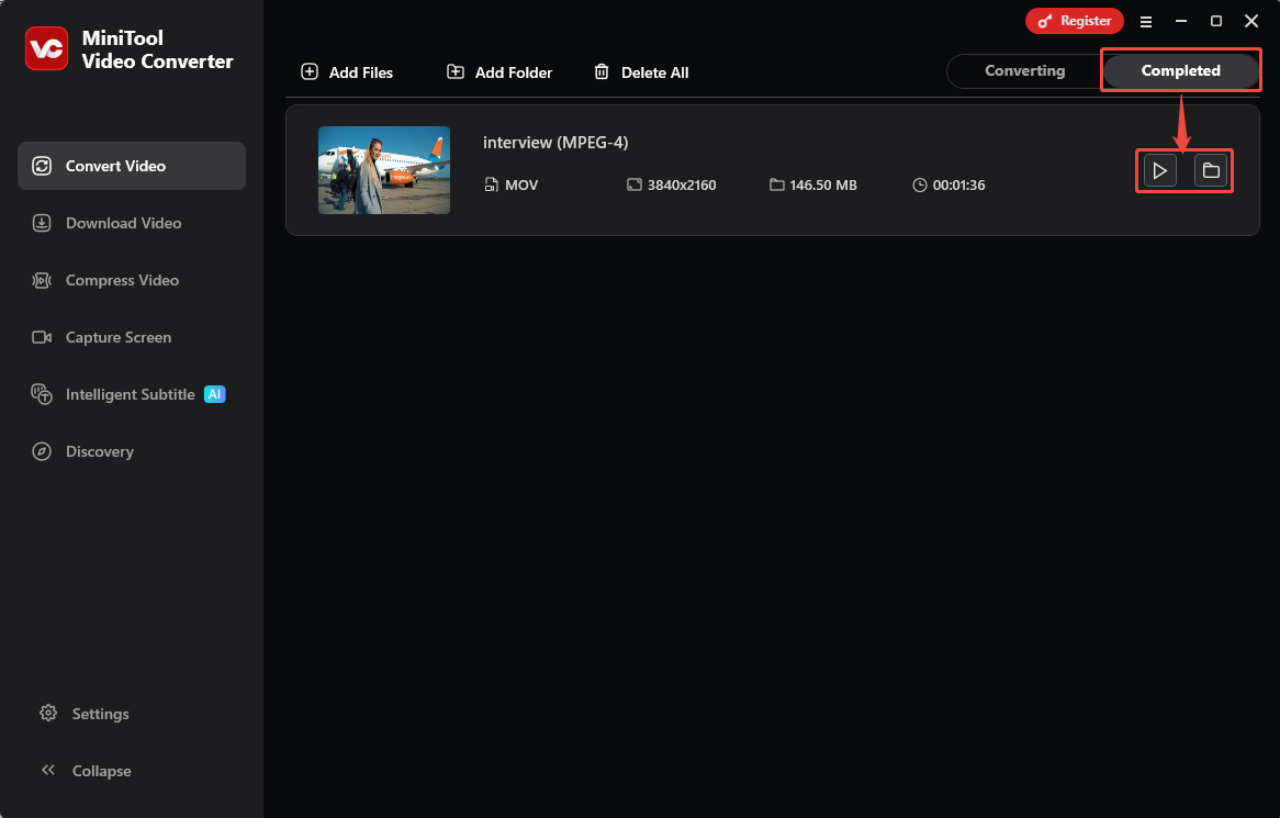 MiniTool Video Converter Convert Video tab with the Play icon and the Folder icon selected under the Completed tab.