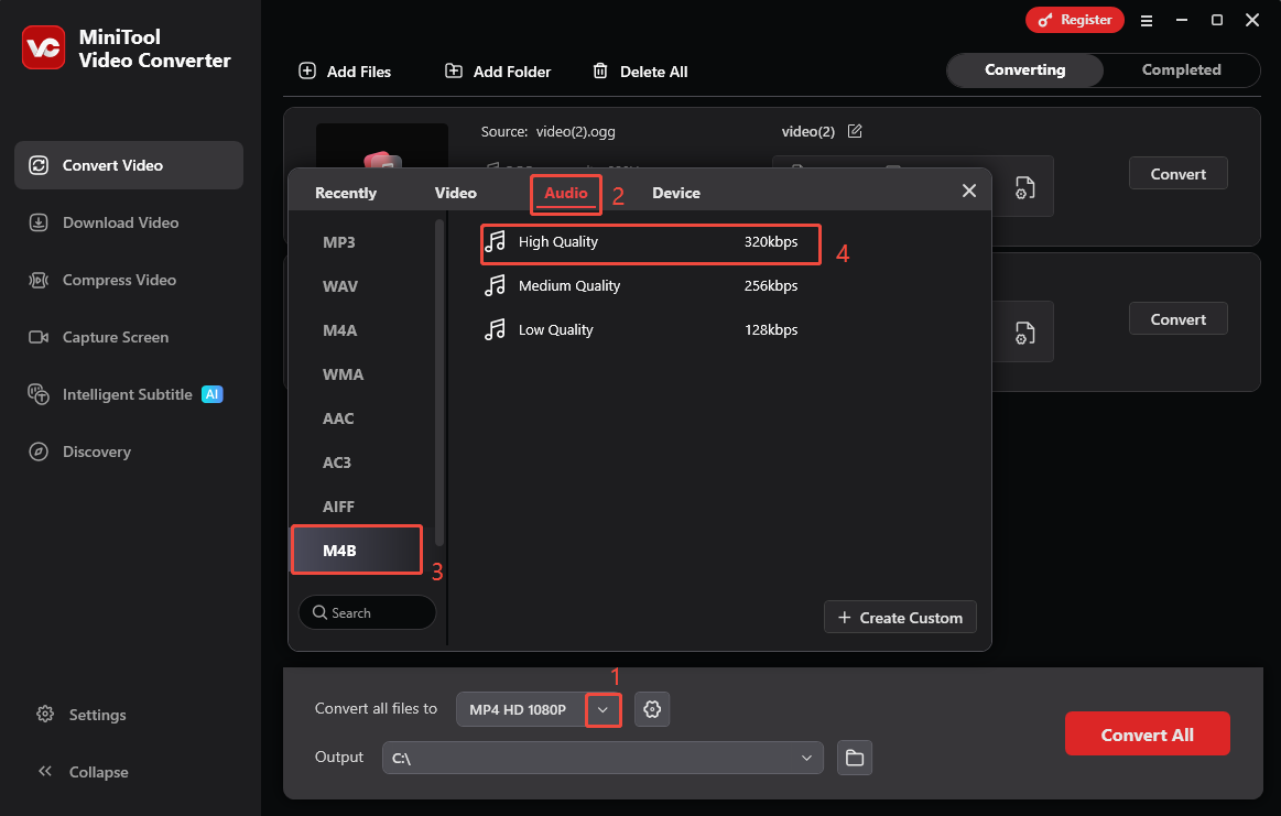MiniTool Video Converter interface that shows how to set M4B as the output format
