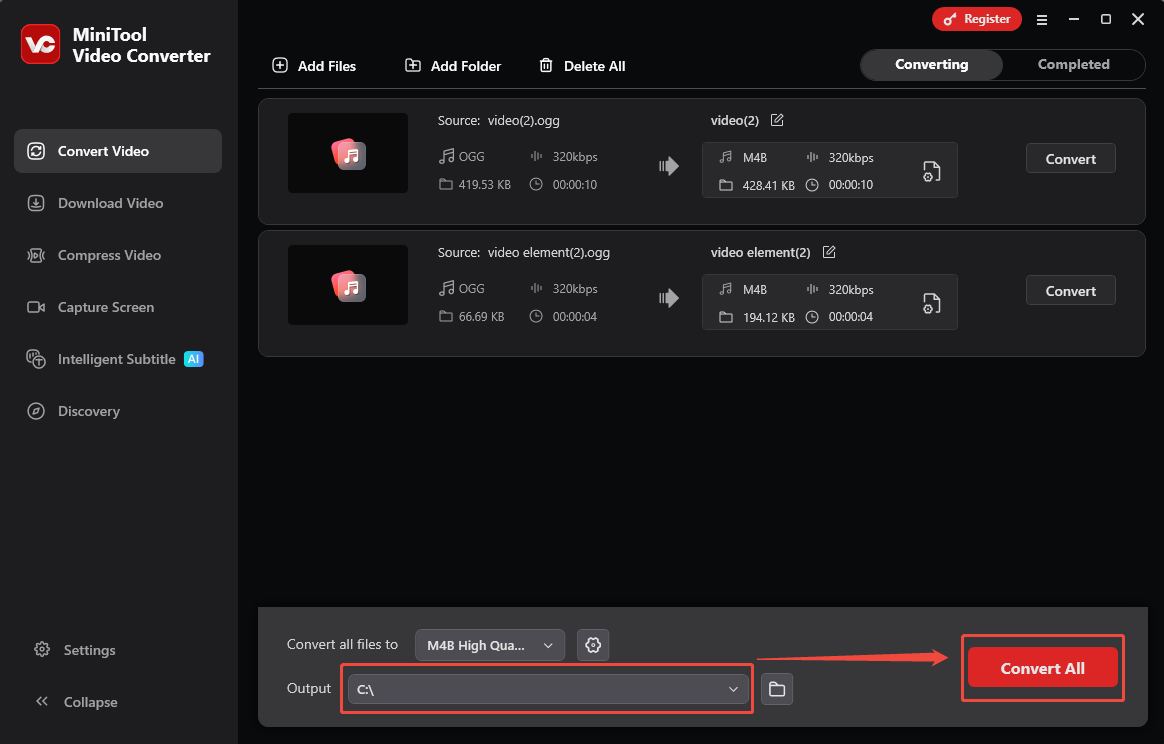 MiniTool Video Converter interface that shows how to set an output folder and start the conversion