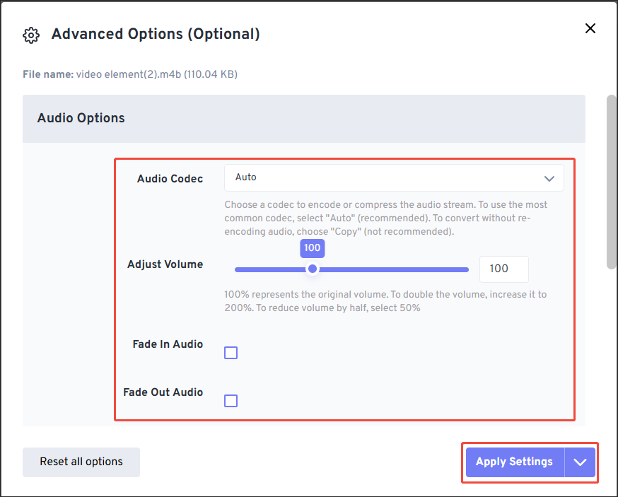 The FreeConvert Advanced Options window that shows how to configure the conversion settings