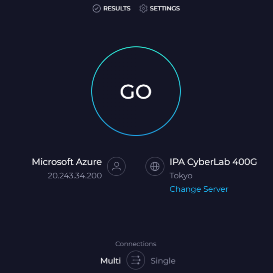 オンラインインターネット速度測定ツールspeedtestのメイン画面