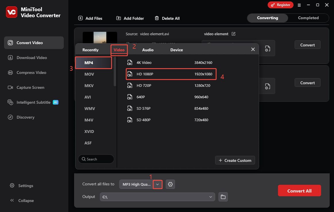 MiniTool Video Converter’s Convert Video interface that shows how to set MP4 HD 1080P as the output format.